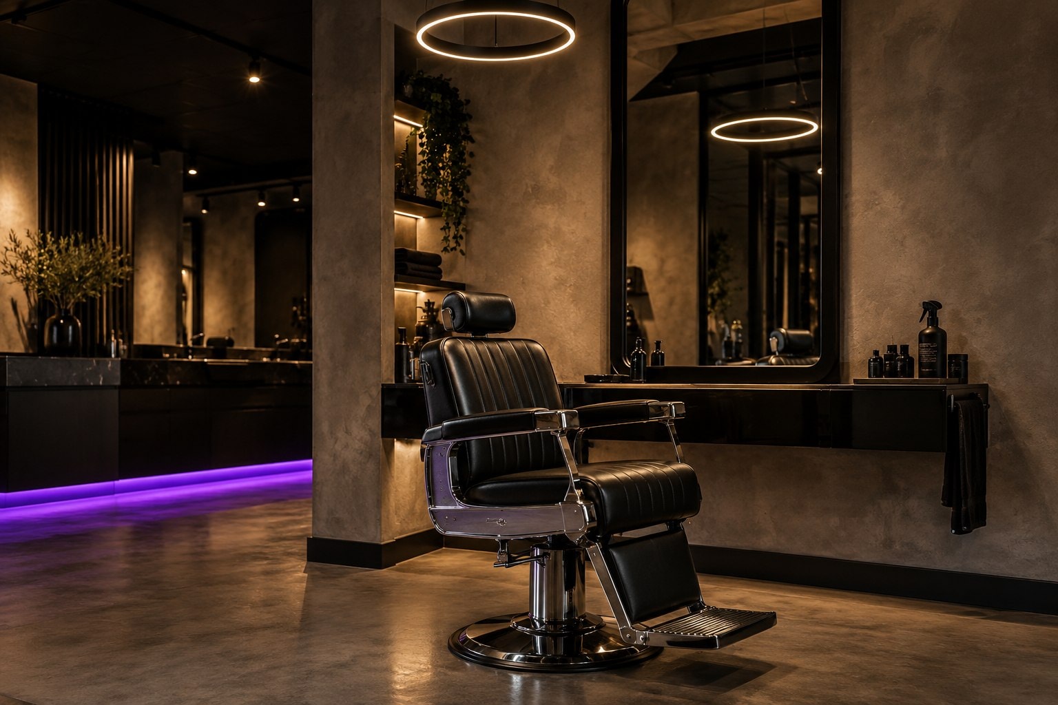 Zwarte barberstoel voor een spiegel onder een ringlamp