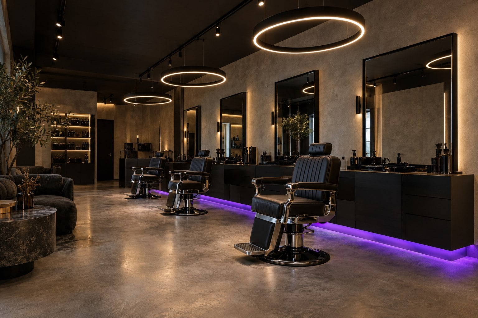 Overzicht van de zaak met ringlampen en een rij barberstoelen